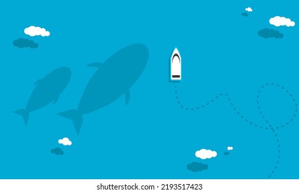 White speed boat travel floating water transport route path way in ocean blue sea with clouds and shadow fish whale underwater in summer season top view flat vector design.