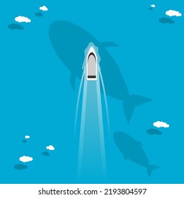 White speed boat travel floating water transport route path way in ocean blue sea with clouds and shadow fish whale underwater in summer season top view flat vector design.