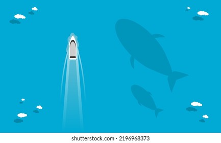 White speed boat travel floating water transport route path way in ocean blue sea with clouds and shadow fish whale underwater in summer season top view flat vector design.