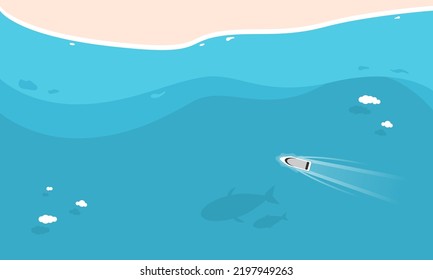 White speed boat travel floating water transport route path way in ocean blue sea with clouds and shadow fish whale underwater in summer season sand beach top view flat vector design.