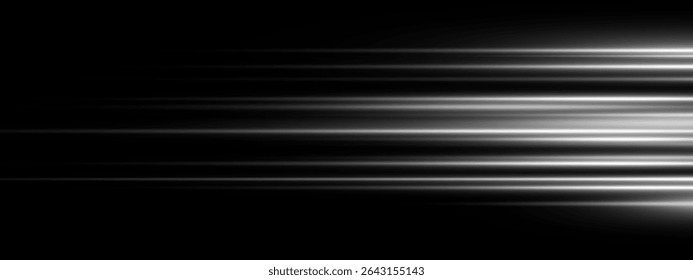 White speed light trail with neon glow and silver blur on black background. Futuristic plasma beam effect with energy flare and motion streak. Tech posters or digital design vector illustration.
