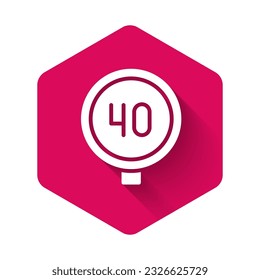 White Speed limit traffic sign 40 km icon isolated with long shadow background. Pink hexagon button. Vector