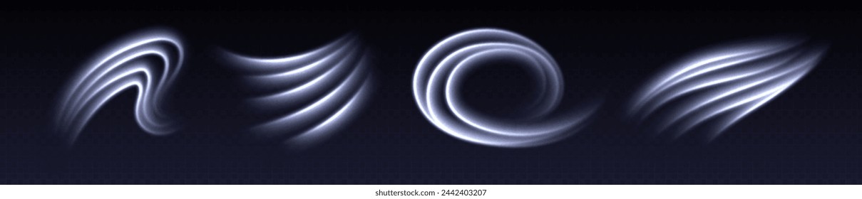 White speed lines, light in motion, glowing light trails. Bright motion effect, luminescent swirls. Vector decoration.