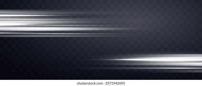 White speed rays, light neon flow, zoom in motion effect, silver glow speed lines, colorful light trails, stripes. Abstract background, vector illustration.