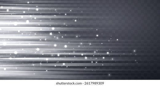 White speed rays, light neon flow, zoom in motion effect, silver glow speed lines, colorful light trails, stripes. Abstract background, vector illustration.
