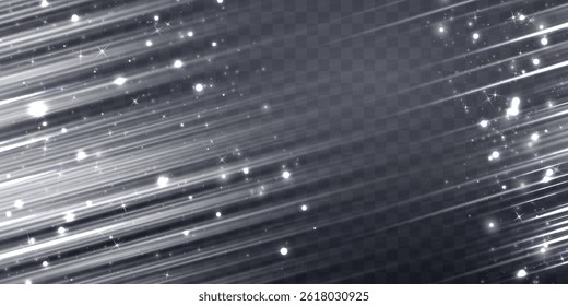 White speed rays, light neon flow, zoom in motion effect, silver glow speed lines, colorful light trails, stripes. Abstract background, vector illustration.