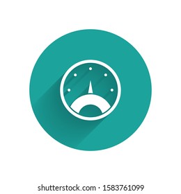 White Speedometer icon isolated with long shadow background. Green circle button. Vector Illustration