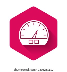 White Speedometer icon isolated with long shadow. Pink hexagon button. Vector Illustration
