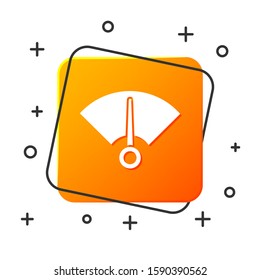 White Speedometer icon isolated on white background. Orange square button. Vector Illustration