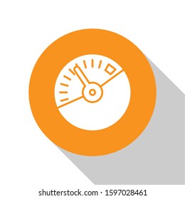 White Speedometer icon isolated on white background. Orange circle button. Vector Illustration