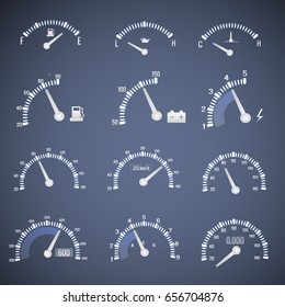White speedometer interface icon set with dials showing the level of fuel oil and speed vector illustration