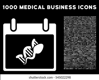 White Sperm DNA Replication Calendar Day vector icon with 1000 medical business pictograms. Set style is flat symbols, white color, black background.