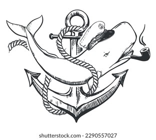 Ballena de esperma blanca con un gorro de capitán y con un tubo humeante en la boca. Una ilustración creativa de una ballena entrelazada con una cuerda al ancla. Esbozo de tatuajes de la vieja escuela, idea surrealista para las impresiones de camisetas.