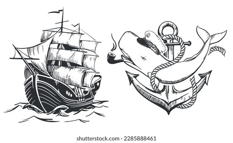 Ballena de esperma blanca con la gorra del capitán y con un tubo humeante en la boca. Un velero navega sobre las olas con velas elevadas. Esbozo de tatuajes de la vieja escuela. Ilustración vectorial en estilo de grabado.