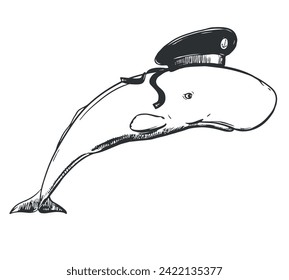 White sperm whale in a sailor's hat. Creative illustration of a whale wearing a Russian naval sailor's cap. Old school tattoo sketch, surreal idea for t-shirt prints.