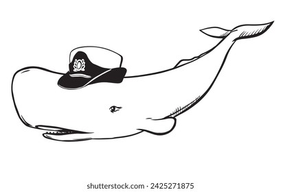 A white sperm whale in a women's uniform naval cap. Creative illustration of a female sperm whale in the role of an official. Caricature of the officer corps. Old school tattoo sketch, t-shirt prints