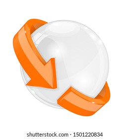 White sphere with orange arrow wrapped around. Vector 3d illustration isolated on white background