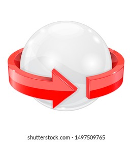 White sphere with red arrow wrapped around. Vector 3d illustration isolated on white background