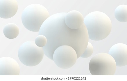 White spheres of balls on gray background. Snowy white balls. Flowing white soft spheres. Abstract background with dynamic 3d spheres. Trendy cover or banner design template. Vector illustration EPS10