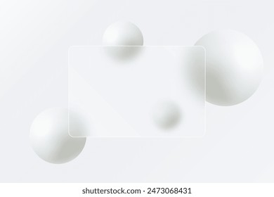 White spheres with a defocused white frame. Abstract background glass morphism.