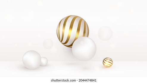 White spheres floating in empty room. Scene mockup. Abstract background for product presentation.