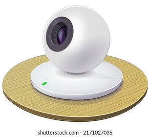 White spherical-shaped webcam on a piece of wooden desk (cut out)