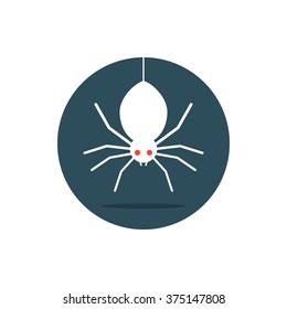 white spider hanging in circle. concept of fright, spidery, crawly, evil, gossamer, halloween holiday, round mark. isolated on white background. flat style trend modern logo design vector illustration