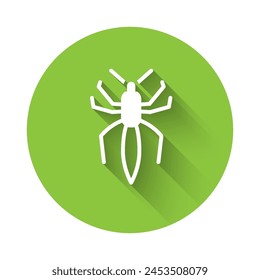 White Spider icon isolated with long shadow. Happy Halloween party. Green circle button. Vector