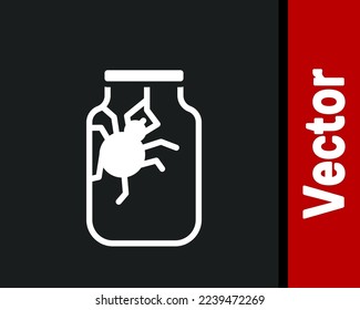 White Spider in jar icon isolated on black background. Happy Halloween party.  Vector