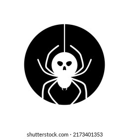 White spider skull hanging with cobweb on black circle concept Halloween day flat vector design.