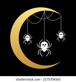 White spider skull hanging with cobweb on golden yellow crescent moon on black background concept Halloween day flat vector design.