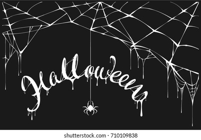 White spider and white spiderweb on black background. Halloween lettering text for greeting card. Vector illustration