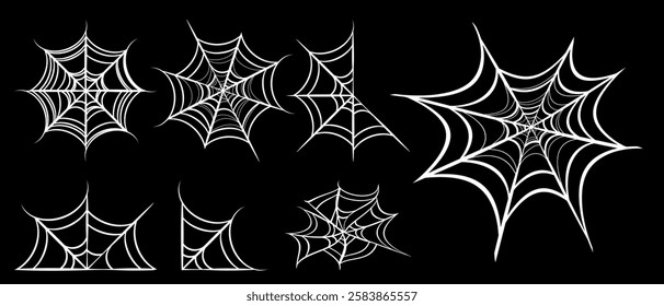 White spider web for Halloween design. Spiderweb icon. Vector illustration isolated on black background.