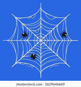 White Spider Web in Hand Drawn Style with Cute Small Spiders. Doodle arachnid web perfect for cards, party invitations, web, fashion, print