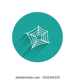 White Spider web icon isolated with long shadow. Cobweb sign. Happy Halloween party. Green circle button. Vector Illustration
