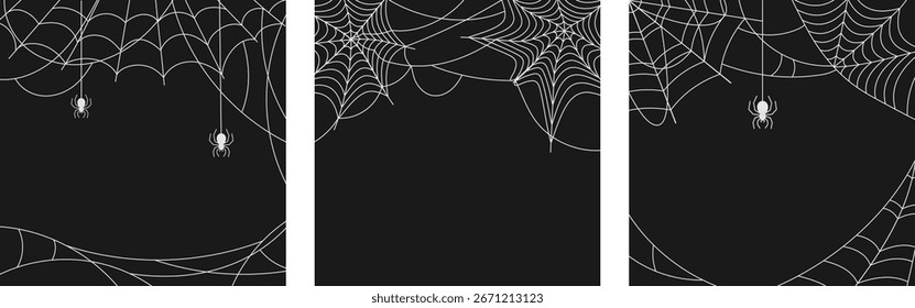 Teia de aranha branca isolada em fundo preto. Bandeiras quadradas assustadoras. Decoração de teia de aranha de Halloween. Cartão de ilustração vetorial, cartaz