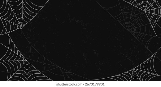 Web blanco de la araña aislado en el fondo negro. Espeluznante telaraña colgando. Decoración espeluznante de Halloween. Anuncio de Ilustración vectorial