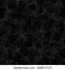 White spider web on a black background, abstract seamless pattern of threads. Black and white texture for web design