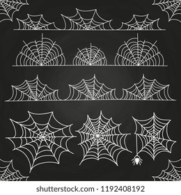 White spider web on chalkboard backdrop. Halloween borders and decor. Spiderweb black, halloween spider danger. Vector illustration