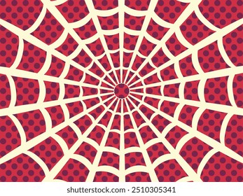 Teia de aranha branca sobre fundo vermelho, fundo estilo de desenho animado retro.