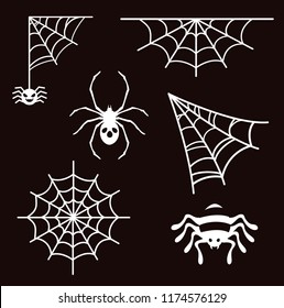 White spider web and scary spider for flat vecter illustration. Spider design object for decrating. Spooky isolated spider for Halloween's decor.