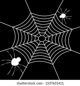 White spider web and spiders on a black background.
