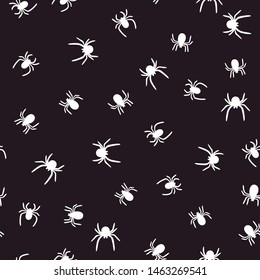 White spiders seamless pattern on dark background. Vector illustration.