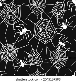 White spiderweb on black background. Spiders web seamless pattern. Vector spider isolated on black background. Halloween pattern. Inversion.