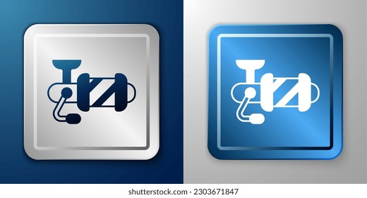 White Spinning reel for fishing icon isolated on blue and grey background. Fishing coil. Fishing tackle. Silver and blue square button. Vector