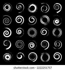 Elementos de diseño de espiral blanca con efecto de trazo de pincel sobre fondo negro. Arte vector.