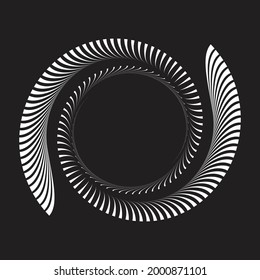White spiral with distorted lines over black background. Icon, logo or yin and yang symbol.
