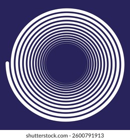 White spiral icon. Blue background element. Circular motion symbol. Vector depth design.