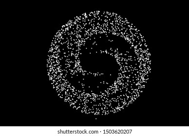 White spiral made of random particles on dark background. Futuristic sci-fi cyberpunk background with galaxy spiral shape.