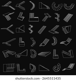 White spiral staircase icons arranged in a neat pattern on a black background, each with unique contours and clean lines. The stark contrast highlights the elegant stair designs